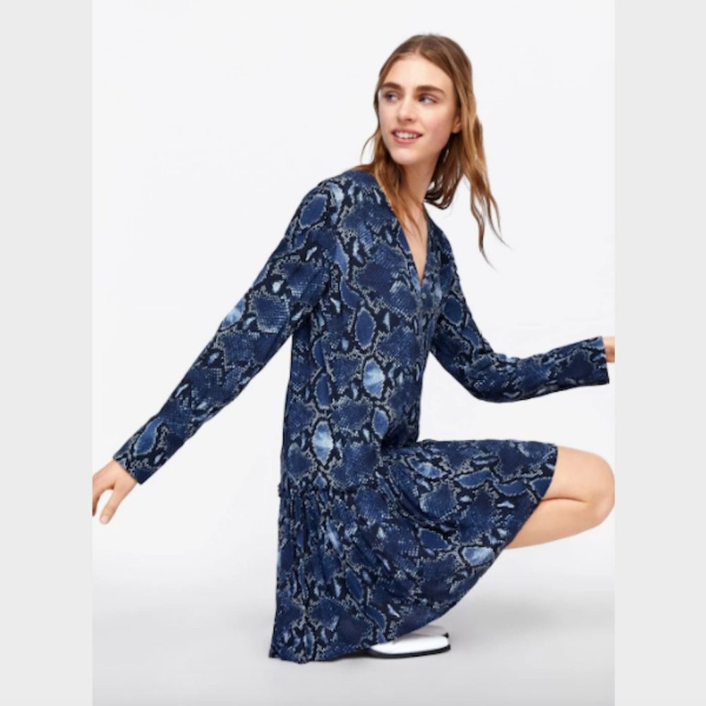 SOLD Zara Blue Snake Print V Neck Button Front Dress S - Picture 4 of 11